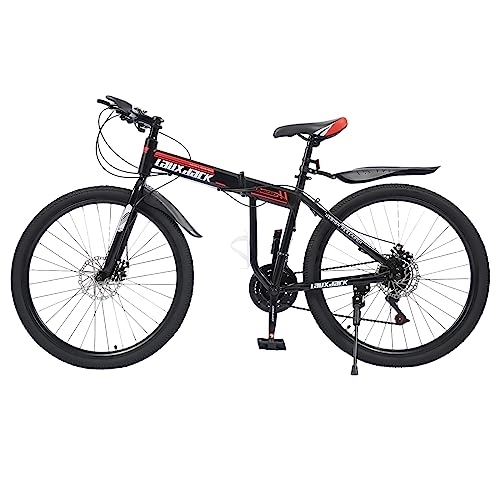 Plegables : Atnhyruhd Bicicleta de montaña plegable de 26 pulgadas, de acero al carbono, freno de disco, 21 velocidades, bicicleta de montaña, plegable, acero al carbono (negro rojo)