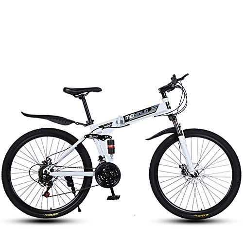 Plegables : Bicicleta de montaña plegable para hombres y mujeres adultos, marco de doble suspensión de acero con alto contenido de carbono, pedales de PVC y empuñaduras de goma-blanco_24 velocidades-26 pulgadas