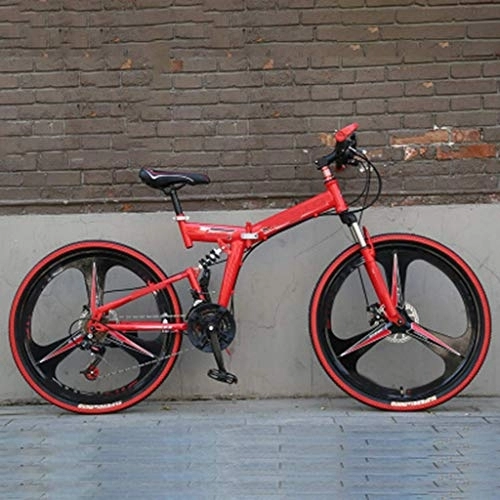 Plegables : Nfudishpu Bicicleta de montaña de Aluminio con suspensión Completa Bicicleta de montaña para Hombre 24 / 26 Pulgadas Ciclo Rojo Plegable de 21 velocidades con Frenos de Disco, 24 Pulgadas