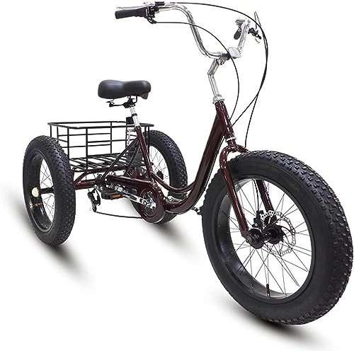 Fat Tyre Bike : Adult Tricycle 7 Speed, Fat Tire Three Wheel Bikes for Seniors, Adults, Women, Men, 20-Inch Wheels, Adult Trike Cruiser Bike with Cargo Basket (Color : Red)