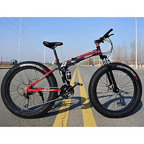 Fat Tyre Bike : CHHD 21 Speed Mountain Bike 26 * 4.0 Fat Tire Bikes Shock Absorbers Bicycle Snow Bike, Folding Variable Off-Road Beach Snowmobile 4.0 Super Wide Tires, Red, 24