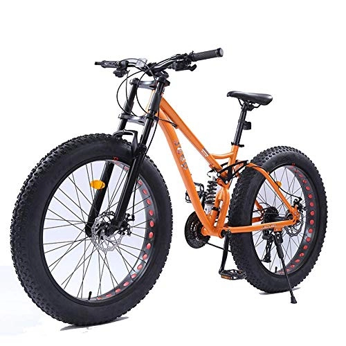 Fat Tyre Bike : CXY-JOEL 26 inch Women Mountain Bikes, Dual Disc Brake Fat Tire Mountain Trail Bike, Hardtail Mountain Bike, Adjustable Seat Bicycle, High-Carbon Steel Frame, Orange, 21 Speed Suitable for Men and Wome