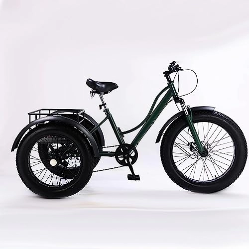 Fat Tyre Bike : KRCO 24 inch Adult Tricycle, 7 Speed Cruiser Trike, All Terrain Fat Tire 3 Wheel Bikes with Large Basket for Seniors, Women, Men, Adult Trikes for Shopping Picnic Outdoor Sports (Métal : Green)