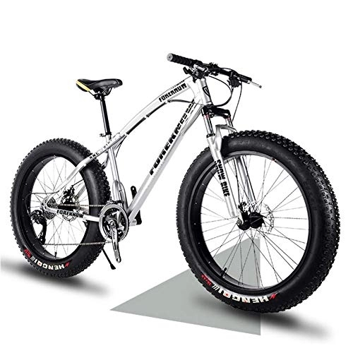 Fat Tyre Bike : NENGGE 24 Inch Mountain Trail Bike with Fat Tire, Adults Men Women Hardtail Mountain Bikes with Front Suspension Mechanical Disc Brakes, Anti-Slip Carbon Steel Mountain Bicycle, Silver, 27 Speed