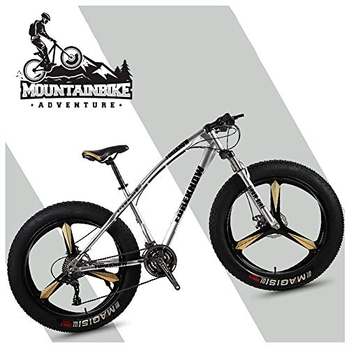 Fat Tyre Bike : NENGGE 26 Inch Hardtail Mountain Bikes with Fat Tire for Adults Men Women, Mountain Trail Bike with Front Suspension Disc Brakes, High-Carbon Steel Mountain Bicycle, Silver 3 Spoke, 21 Speed
