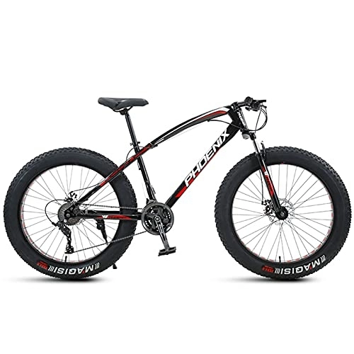 Fat Tyre Bike : NENGGE 26 Inch Mountain Bike for Boys, Girls, Mens and Womens, Adult Fat Tire Mountain Bicycle, Carbon Steel Beach Snow Outdoor Bike, Hardtail, Disc Brakes, Red Spoke, 7 Speed