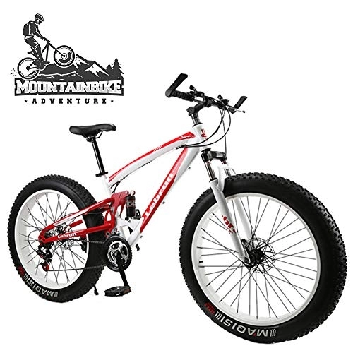 Fat Tyre Bike : NENGGE Dual-Suspension Mountain Bike with Mechanical Disc Brakes, Fat Tire Mountain Trail Bikes for Adults Men Women, High Carbon Steel Mountain Bicycle, Adjustable Seat, Red, 24 Inch 7 Speed