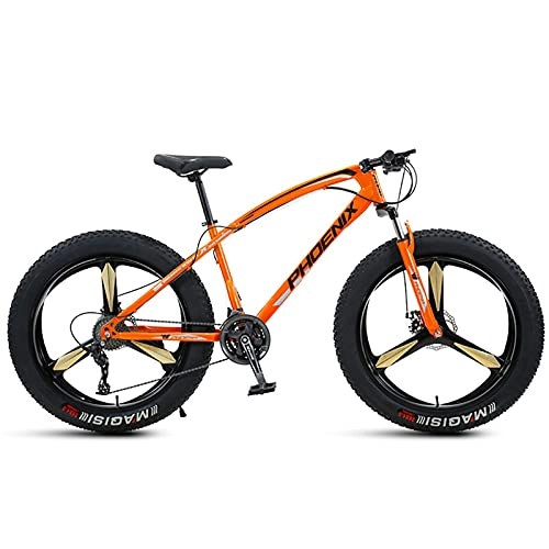 Fat Tyre Bike : NZKW 26 Inch Mountain Bike for Boys, Girls, Mens and Womens, Adult Fat Tire Mountain Bicycle, Carbon Steel Beach Snow Outdoor Bike, Hardtail, Disc Brakes, Orange 3 Spoke, 7 Speed
