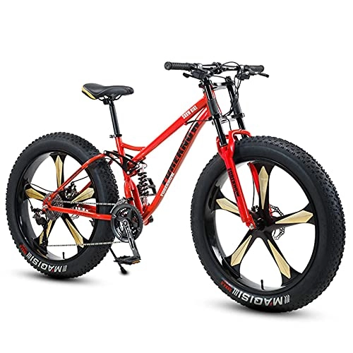 Fat Tyre Bike : NZKW Fat Tire Bike for Men Women, 26-Inch Wheels, 4-Inch Wide Knobby Tires 7 / 21 / 24 / 27 / 30 Speed Beach Snow Mountain Bicycle, Dual-Suspension & Dual Disc Brake, Red 5 Spoke, 27 Speed