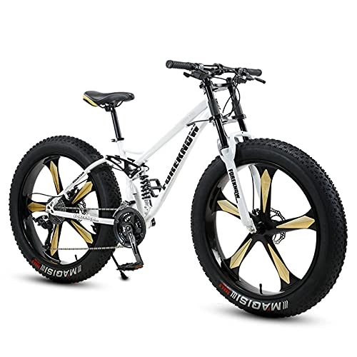 Fat Tyre Bike : NZKW Fat Tire Bike for Men Women, 26-Inch Wheels, 4-Inch Wide Knobby Tires 7 / 21 / 24 / 27 / 30 Speed Beach Snow Mountain Bicycle, Dual-Suspension & Dual Disc Brake, White 5 Spoke, 27 Speed