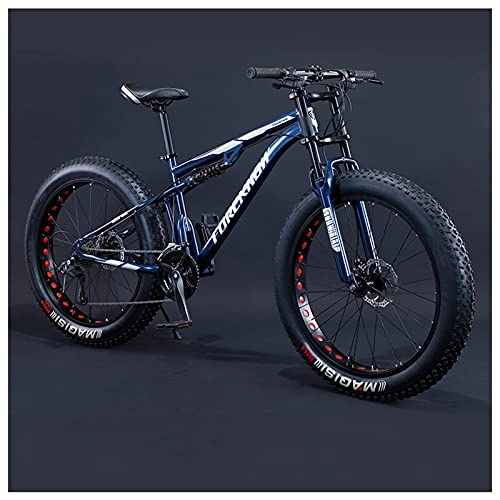 Fat Tyre Bike : NZKW Mens Women Fat Tire Mountain Bike, 24-Inch Wheels, 4-Inch Wide Off-road Tires, 7 / 21 / 24 / 27 / 30 Speed Full Suspension Moutain Bicycle for Adults Teens, Carbon Steel, Blue, 27 Speed