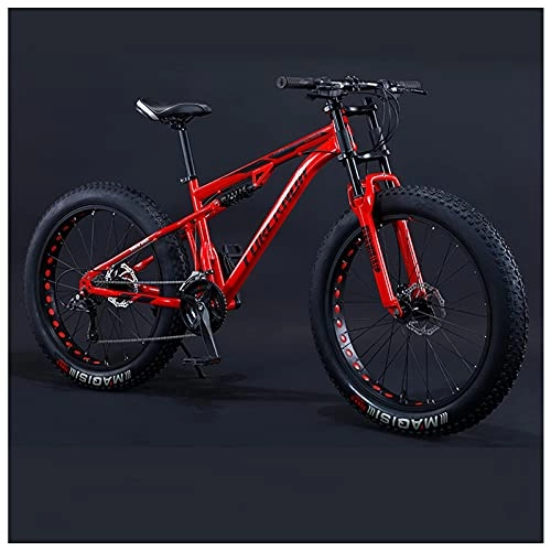 Fat Tyre Bike : NZKW Mens Women Fat Tire Mountain Bike, 26-Inch Wheels, 4-Inch Wide Off-road Tires, 7 / 21 / 24 / 27 / 30 Speed Full Suspension Moutain Bicycle for Adults Teens, Carbon Steel, 27 Speed, Red Spoke