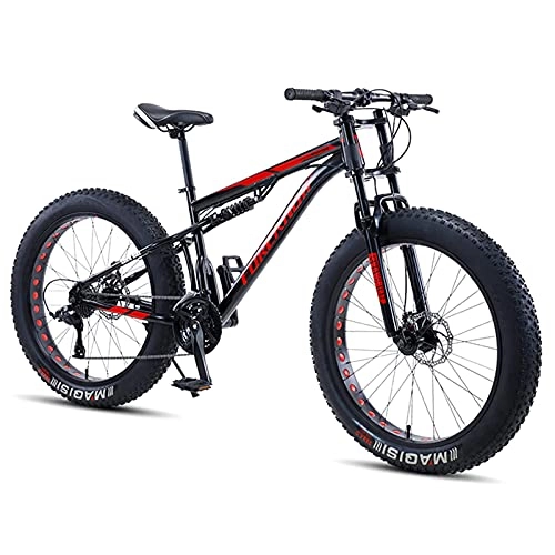 Fat Tyre Bike : NZKW Mountain Bike 26 Inch Fat Tire for Men and Women, Dual-Suspension Adult Mountain Trail Bikes, All Terrain Bicycle with Adjustable Seat & Dual Disc Brake, Black, 27 Speed