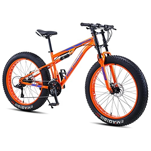 Fat Tyre Bike : NZKW Mountain Bike 26 Inch Fat Tire for Men and Women, Dual-Suspension Adult Mountain Trail Bikes, All Terrain Bicycle with Adjustable Seat & Dual Disc Brake, Orange, 27 Speed