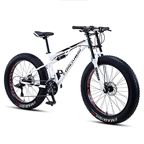 Fat Tyre Bike : NZKW Mountain Bike 26 Inch Fat Tire for Men and Women, Dual-Suspension Adult Mountain Trail Bikes, All Terrain Bicycle with Adjustable Seat & Dual Disc Brake, White, 24 Speed