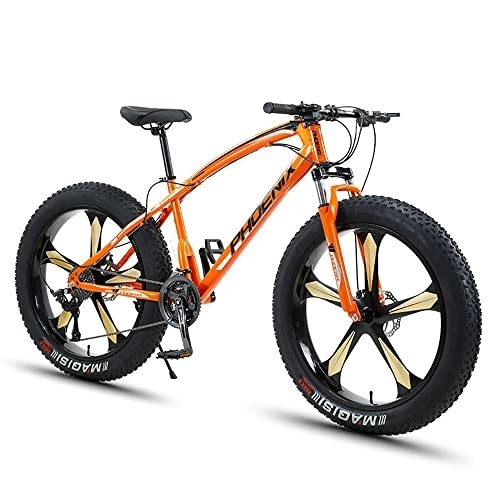 Fat Tyre Bike : PY Fat Tire Mountain Bike, 26-Inch Wheels, 4-Inch Wide Knobby Tires, 7 / 21 / 24 / 27 / 30-Speed, Mountain Trail Bike, Urban Commuter City Bicycle, Steel Frame / Orange / 26Inch 24Speed