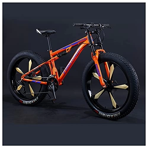 Fat Tyre Bike : REOTEL Mountain Bikes Men 26 Inch Adult Fat Tyre Mountain Bike with Full Suspension, High-carbon Steel Large Frame Dual Disc Brake Giant Bicycle, Orange 5 Spoke, 30 Speed
