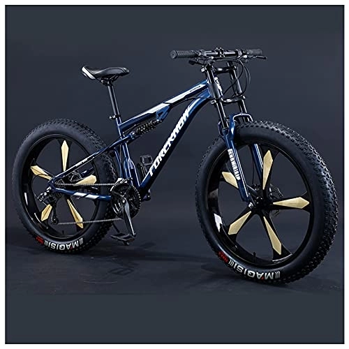 Fat Tyre Bike : USMASK Mountain Bikes, Men 26 inch Adult Fat Tyre Mountain Bike with Full Suspension, High-Carbon Steel Large Frame Dual Disc Brake Giant Bicycle / Blue 5 Spoke / 27 Speed