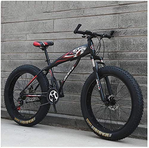Fat Tyre Bike : ZYLE Adult Mountain Bikes, Boys Girls Fat Tire Mountain Trail Bike, Dual Disc Brake Hardtail Mountain Bike, High-carbon Steel Frame, Bicycle (Color : Red B, Size : 24 Inch 21 Speed)