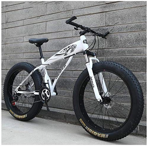 Fat Tyre Bike : ZYLE Adult Mountain Bikes, Boys Girls Fat Tire Mountain Trail Bike, Dual Disc Brake Hardtail Mountain Bike, High-carbon Steel Frame, Bicycle (Color : White a, Size : 24 Inch 24 Speed)