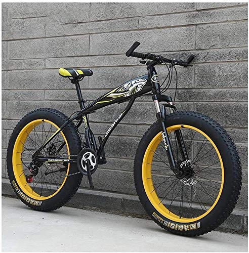 Fat Tyre Bike : ZYLE Adult Mountain Bikes, Boys Girls Fat Tire Mountain Trail Bike, Dual Disc Brake Hardtail Mountain Bike, High-carbon Steel Frame, Bicycle (Color : Yellow a, Size : 24 Inch 27 Speed)