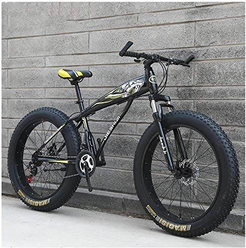 Fat Tyre Bike : ZYLE Adult Mountain Bikes, Boys Girls Fat Tire Mountain Trail Bike, Dual Disc Brake Hardtail Mountain Bike, High-carbon Steel Frame, Bicycle (Color : Yellow B, Size : 24 Inch 21 Speed)