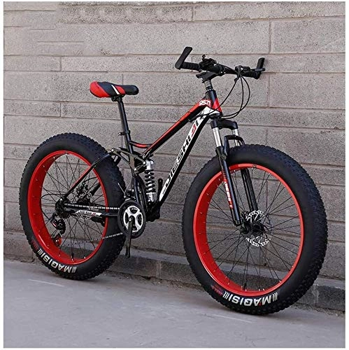 Fat Tyre Bike : ZYLE Adult Mountain Bikes, Fat Tire Dual Disc Brake Hardtail Mountain Bike, Big Wheels Bicycle, High-carbon Steel Frame (Color : Red, Size : 24 Inch 27 Speed)
