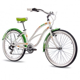CHRISSON Bicicleta Beachcruiser Sandy de 26 pulgadas, color blanco y verde, con 6 marchas Shimano Tourney, para mujer, con aspecto retro, vintage, cruiser