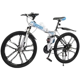 GRANDMEI Bicicleta de montaña plegable de 26 pulgadas para adultos, 21 velocidades, bicicleta de montaña con guardabarros, con suspensión completa, para hombres y mujeres (azul + blanco)