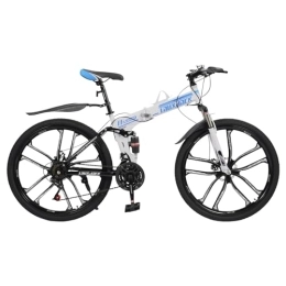 Shaillienn Plegables Shaillienn Bicicleta de montaña de 26 pulgadas Fully Guide Premium Mountain Bike para hombre y mujer, frenos de disco, 21 marchas, bicicleta plegable con marco doble amortiguador (azul y blanco)