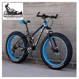 NENGGE Fat Tyre Bike NENGGE Full Suspension Mountain Bikes with Dual Disc Brake for Adults Men Women, High-Carbon Steel Fat Tire Mountain Trail Bike All Terrain Mountain Bicycle, Blue 1, 24 Inch 7 Speed
