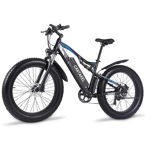 Bici elettriches : CANTAKEL Bici Elettrica per Adulti, Ebike Fat Tire da 26 '' con Batteria 48V 17AH, Mountain Bike MTB a Sospensione Completa con Cambio a 7 Velocità