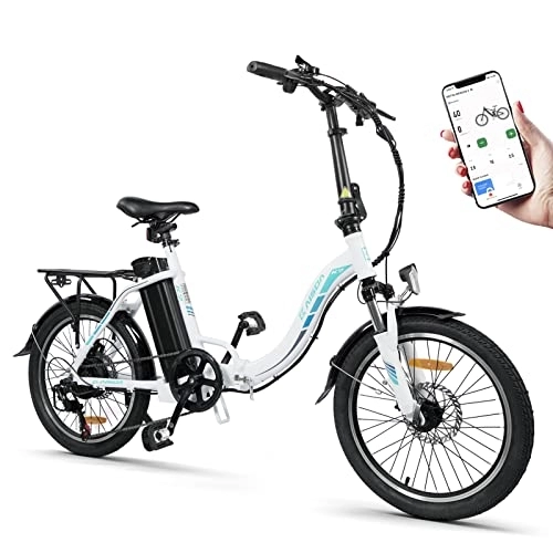 Bici elettriches : E-bike K7 Bicicletta Elettrica pieghevole da 20 Pollici 36V 13Ah Batteria, Bicicletta Elettrica Leggera per Anziani e Donne con App, Shimano 7S (ha un campanello, con display a colori LCD) (Bianco)