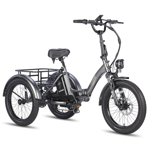 Bici elettriches : Fafrees F20 Mate Triciclo bici elettrica pieghevole 20"*3.0 pollici, batteria 48V 18.2Ah, freni a disco idraulici, autonomia fino a 55-110 km (cestino posteriore, Grigio)