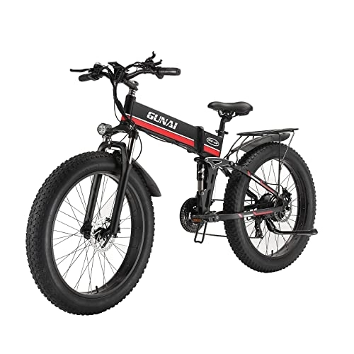 Bici elettriches : GUNAI Bici elettrica 26 pollici Pieghevole Fat Tire Snow Bike 7 velocità Mountain E-bike con sedile posteriore （Rosso）