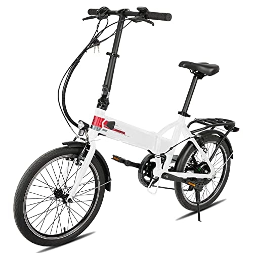 Bici elettriches : HILAND Bicicletta elettrica pieghevole Ebike da 20 pollici, 36 V, 250 W, con cambio Shimano a 6 marce, bicicletta pieghevole leggera in alluminio con luce per uomo e donna, colore bianco