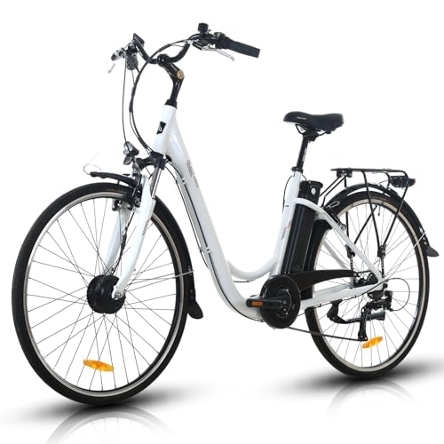 Bici elettriches : Hotplex Bicicletta elettrica per donna e uomo, bici da 28 pollici, E-Citybike RC820, batteria da 10, 4 Ah, motore anteriore da 250 W, cambio Shimano a 7 velocità, 25 km / h (bianco)