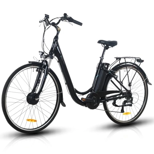 Bici elettriches : Hotplex E-Citybike RC820 - Bicicletta elettrica per donna e uomo, 28 pollici, batteria da 10, 4 Ah, motore anteriore da 250 W, cambio Shimano a 7 velocità, 25 km / h (nero)