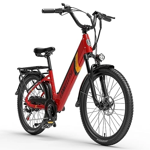 Bici elettriches : Kinsella Bicicletta elettrica ES500, batteria al litio rimovibile 14, 5 Ah, Shimano 7 velocità, bicicletta elettrica suburbana con pneumatici 24 x 2, 4 (rosso)