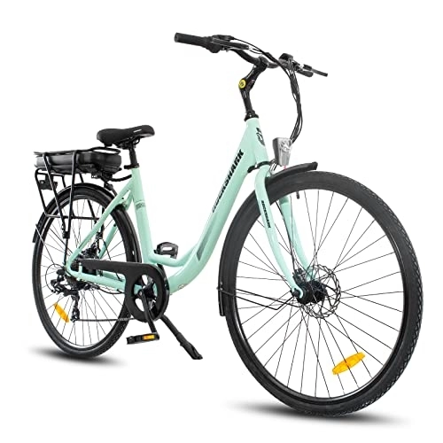 Bici elettriches : ROCKSHARK EBike - Bicicletta elettrica da 28 pollici, con motore posteriore da 250 W e batteria al litio da 14 Ah, Pedelec da donna e da uomo, Shimano a 7 marce, verde menta
