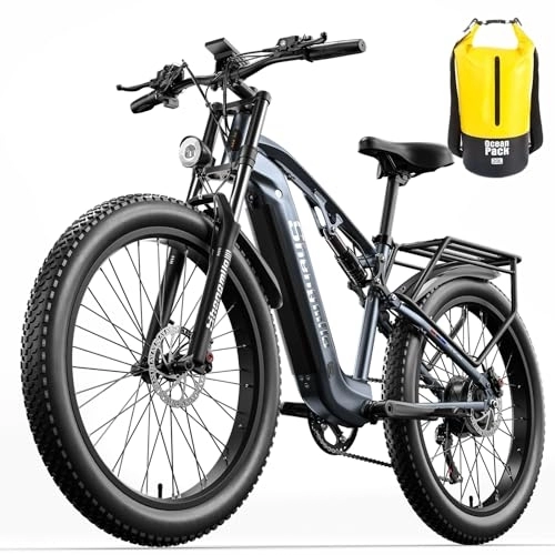Bici elettriches : VLFINA Mountain bike elettrica per adulti da 26'', motore BAFANG a sospensione completa 48V17.5AH batteria rimovibile a lungo raggio, ebike con sedile e pedali, Grigio, XL