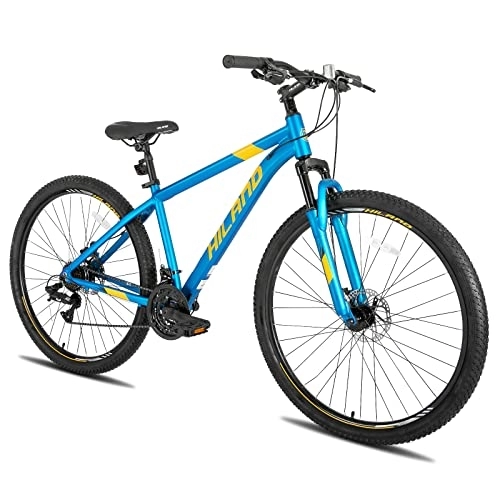 Mountain Bike : HILAND Mountain Bike MTB Hardtail con ruote a raggi da 29 pollici, telaio in alluminio a 21 marce, cambio Shimano, freno a disco, forcella ammortizzata, da uomo e da donna, blu