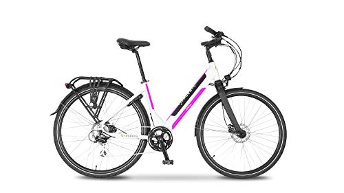 Bicicletas eléctrica : Bicicleta eléctrica Omega, Color Blanco y Rosa, Unisex, Adulto, Talla única