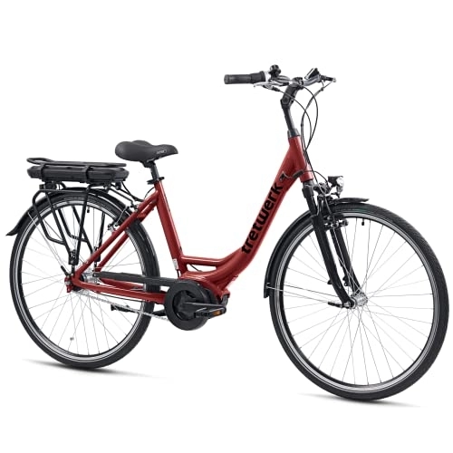 Bicicletas eléctrica : Bicicleta eléctrica Tretwerk de 28 pulgadas, Stella – Bicicleta eléctrica para mujer con 7 marchas Shimano Nexus – Bicicleta eléctrica con motor central 250 W 36 V 468 Wh 60 Nm – rojo 49 cm