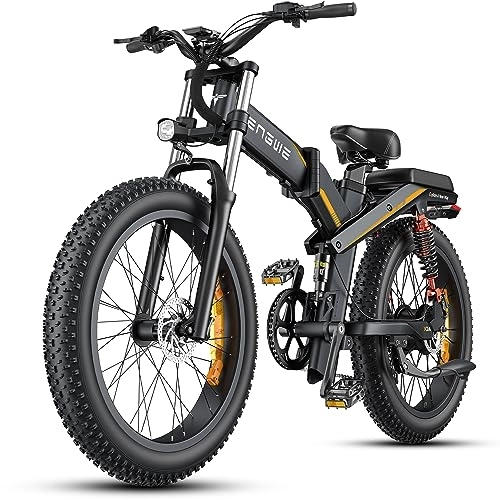 Bicicletas eléctrica : ENGWE x24 / X26 Bicicleta Eléctrica Plegable con 24" / 26" x 4.0 Fat Tire Batería 48V 19.2AH / +10AH Kilometraje 100 / 150 km, 3 Suspensión Triple 8-Velocidades Ebike (Negro, X24 Dual Batería 19.2AH+10AH)