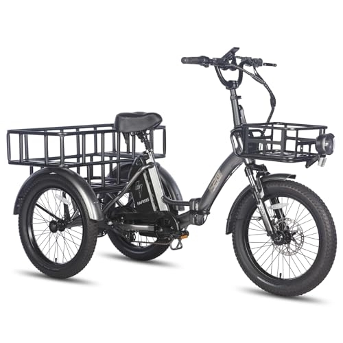 Bicicletas eléctrica : Fafrees F20 Mate Triciclo Eléctrico, Triciclo Plegable, Batería de 48 V / 18, 2 Ah, Triciclo eléctrico de 20" x 3, 0" para Adultos, Cesta Delantera+Trasera, Alcance 55-110 km, Gris