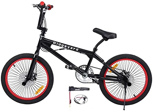 BMX : MuGunag - Bicicleta infantil BMX Freestyle de 20 pulgadas, sistema de rotor de 360°, 2 clavijas de acero, piñón libre, freno en V, para niños y principiantes (negro + rojo)