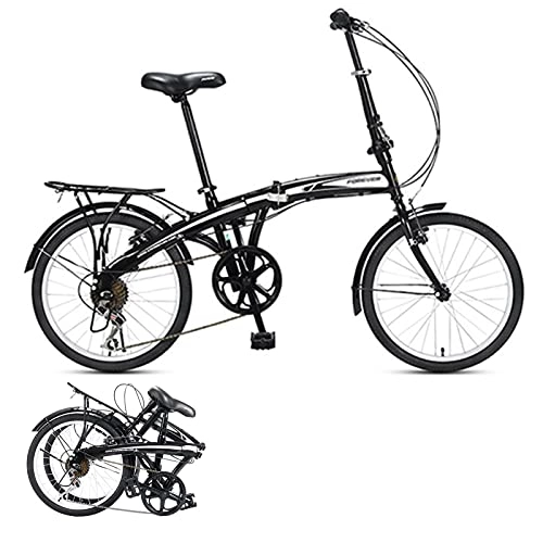 Plegables : WANYE Bicicleta De Ciudad Plegable De 20"Bicicleta De 7 Velocidades Shimano Gear Marco De Acero Guardabarros Portador Trasero Negro Black White