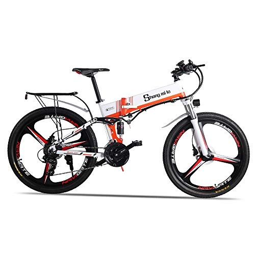 Electric Bike : Electric Bike - Folding Portable eBike For Commuting & Leisure Front Rear Suspension, Pedal Assist Unisex Bicycle, 350W / 48V (Orange (350w))