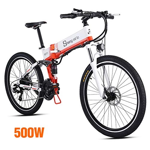 Electric Bike : Shengmilo Electric Folding Bike, 26 Inch Mountain E- Bike Spoke Wheel Road Bicycle, 48V / 500W Lithium Battery Included(WHITE)